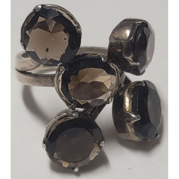 Estate Vintage Rare Amrita 925 Silver Cluster Ring With Smoky Quartz Gemstones - Picture 4 of 11